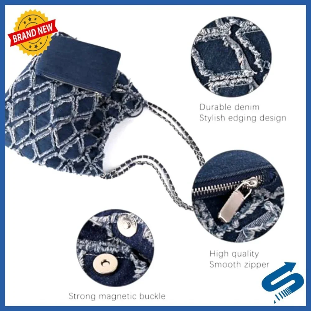 Large Quilted Denim Tote Bag with Chain Strap and Wallet